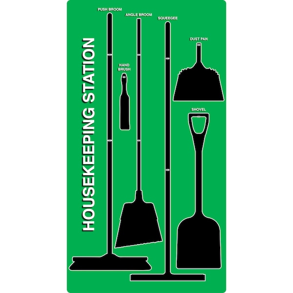 5S Housekeeping Shadow Board Broom Station Version 8- Green Board / Black Shadows  With Broom